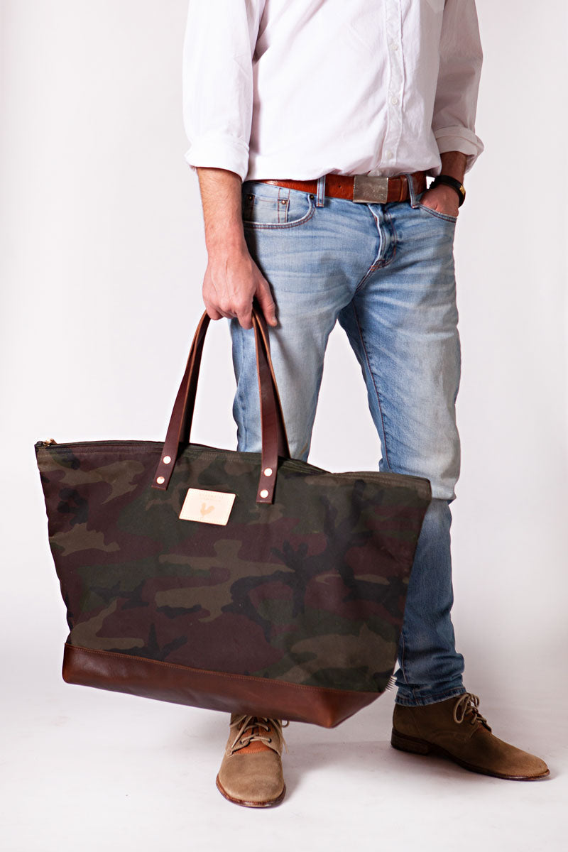 Camouflage Wax Canvas Shoulder Bag with Leather Straps