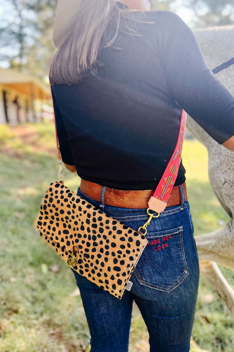 Cheetah Hair on Hide Leather Foldover Clutch Crossbody