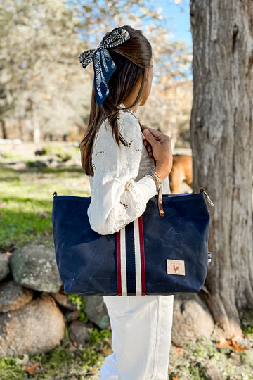 Limited Edition* Navy Waxed Canvas Perfect Tote with Webbing Accent