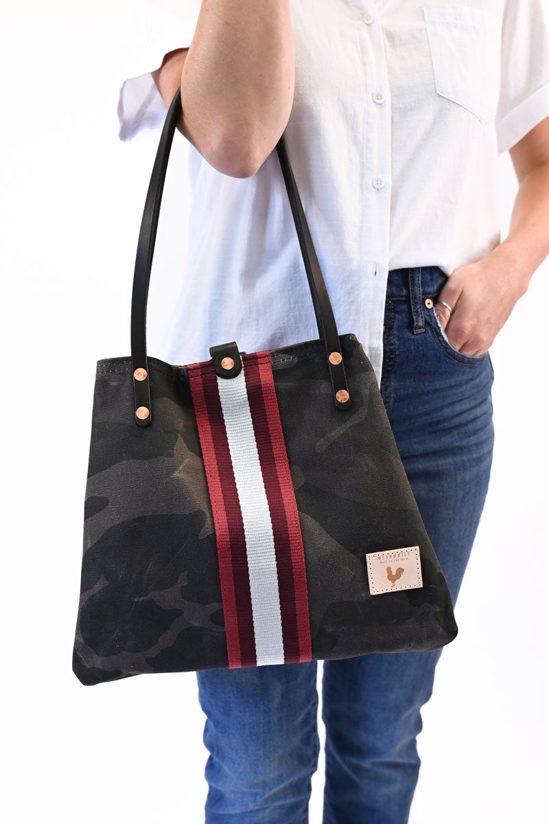 ARCHIVE - Graphite Camo Waxed Canvas Perfect Tote with Maroon Webbing