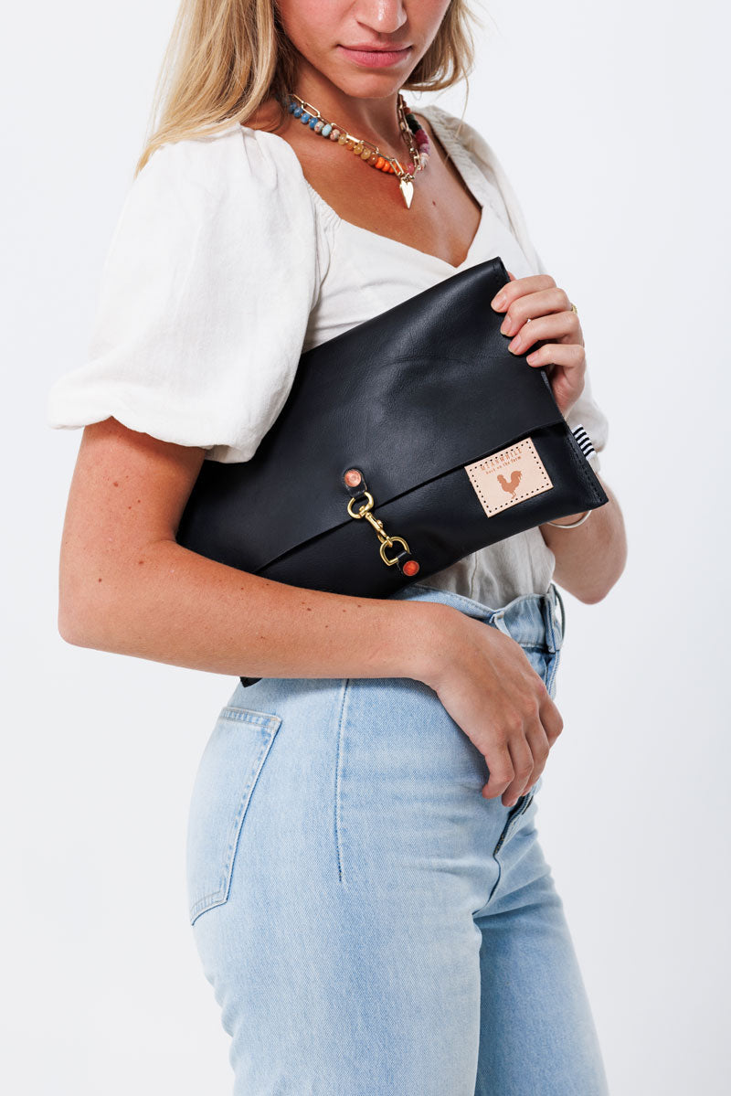 Black leather shop foldover clutch