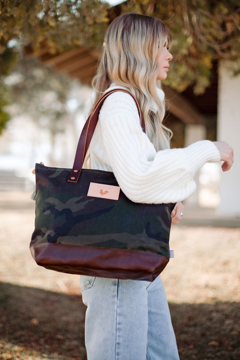 Camo Tote Bag with Leather Bottom