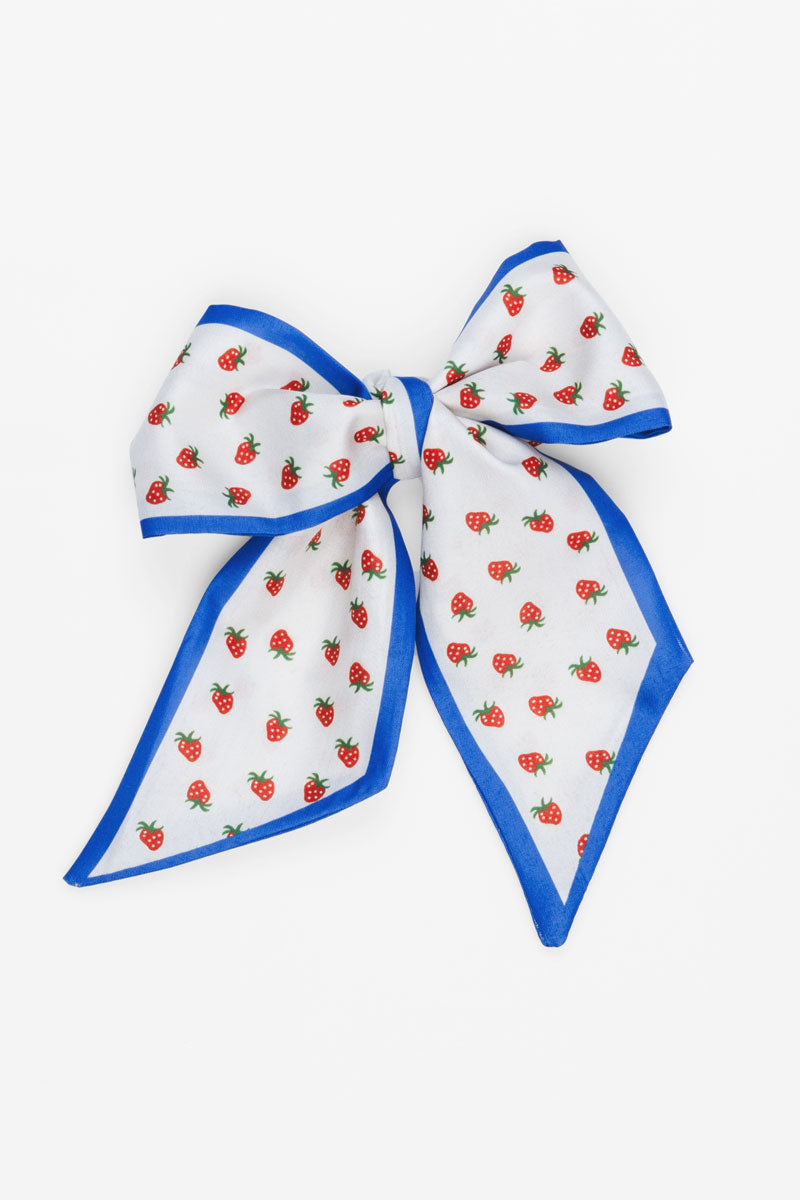 Picture of white scarf tied into a bow with a lady bug pattern and blue trim