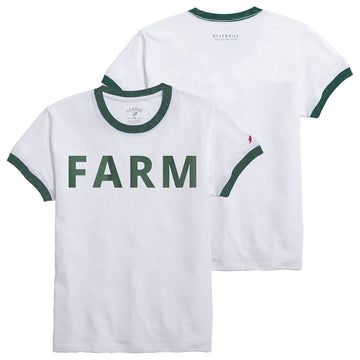 The front and back of a white t-shirt that says farm in green letters