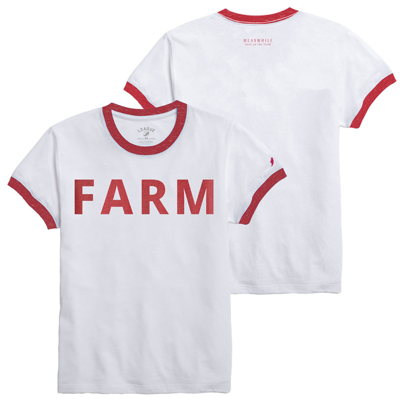 The front and back of a white t-shirt that says farm in red letters