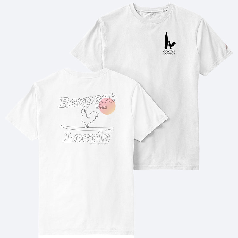 The front and back of a white t-shirt that says respect the locals in black letters and a logo of a rooster and a surfboard