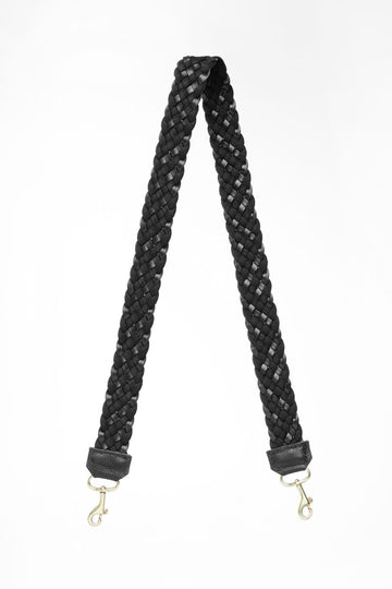 Black woven crossbody strap folded in half